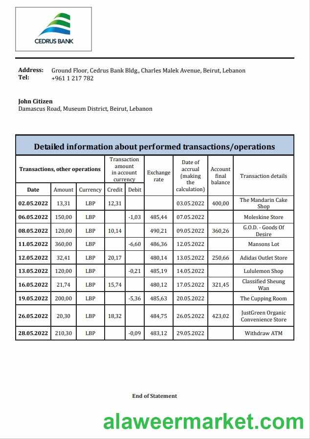 Lebanon Cedrus Bank statement